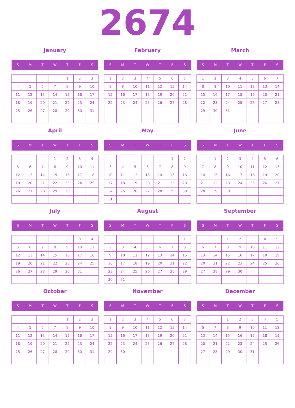 Printable 2674 Year Calendars purple