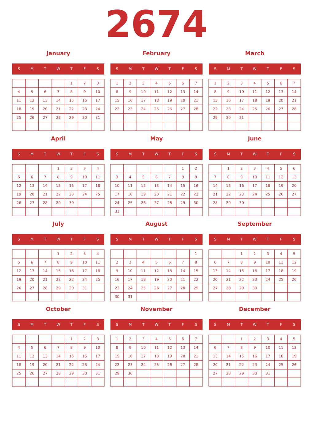 Printable 2674 Year Calendars red