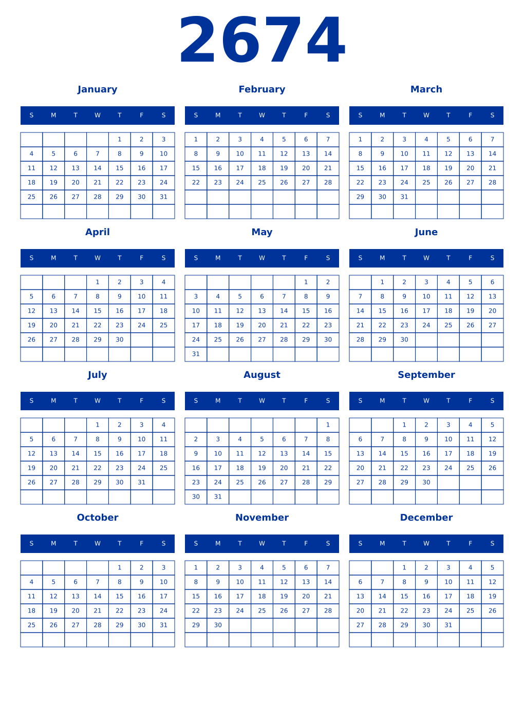 Printable 2674 Year Calendars smalt