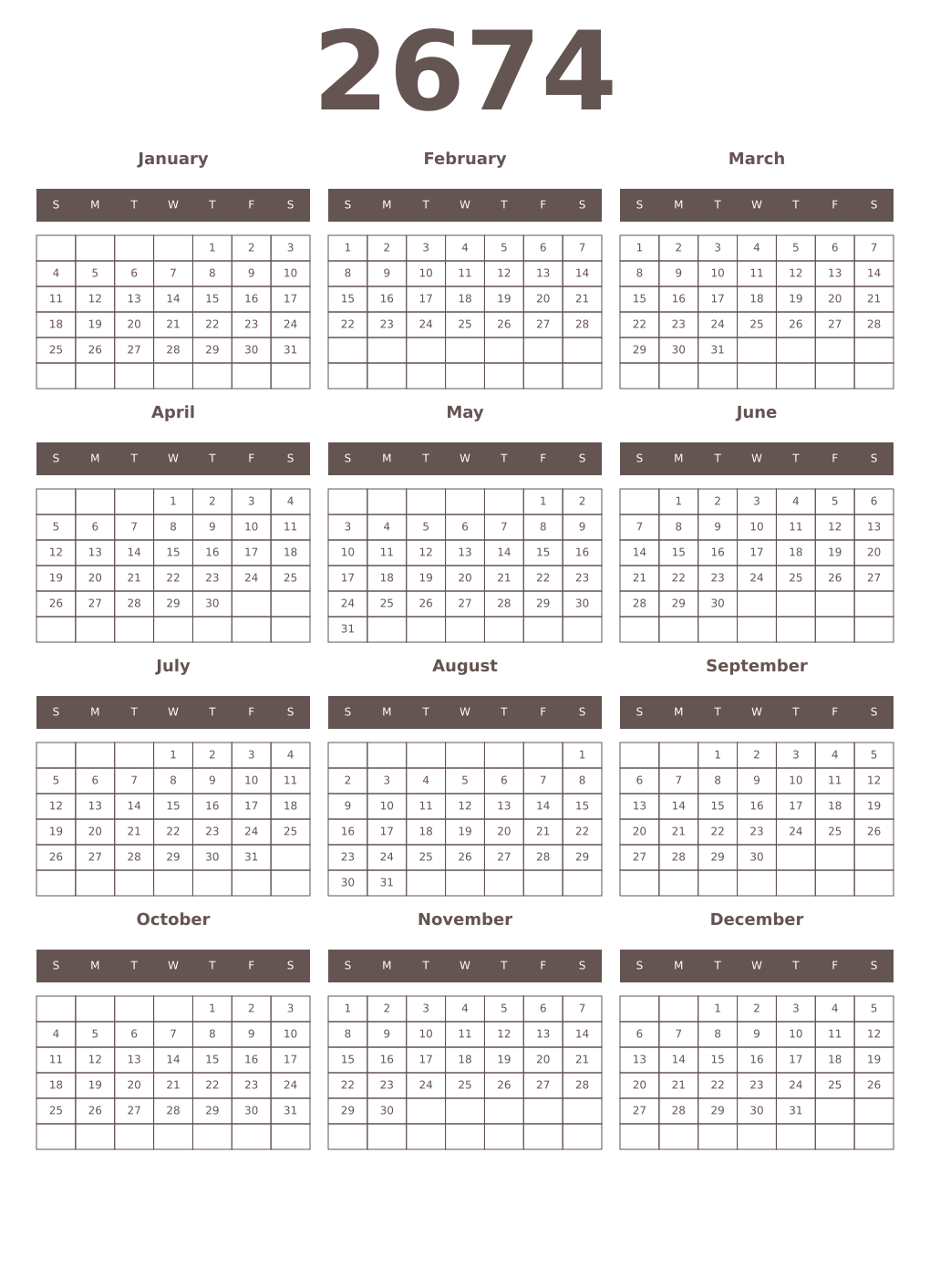 Printable 2674 Year Calendars wenge