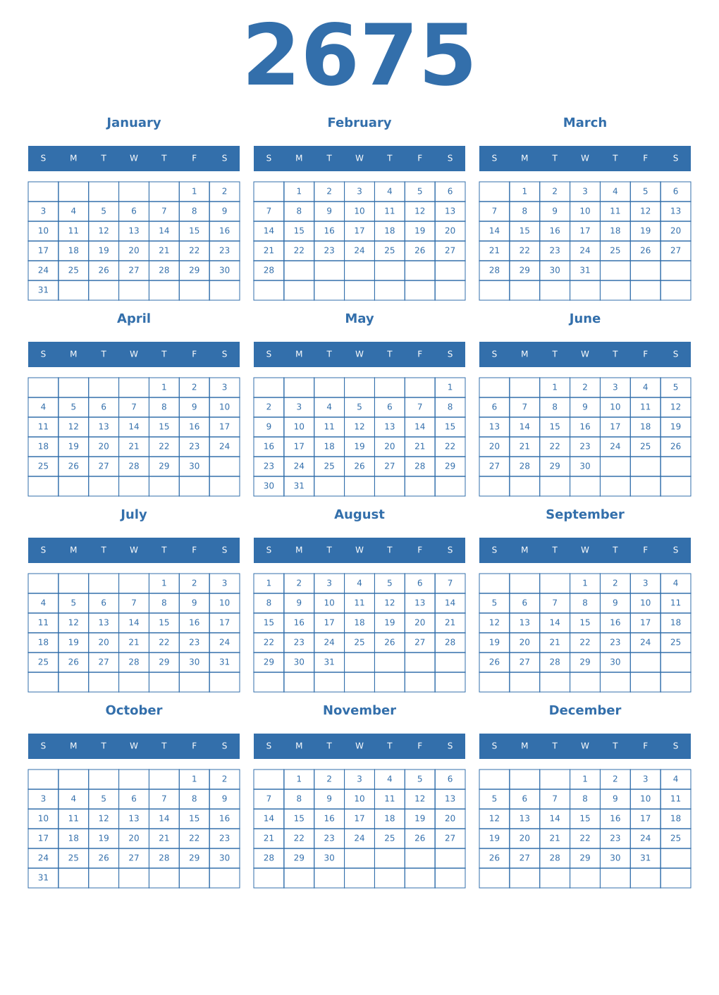 Printable 2675 Year Calendars blue