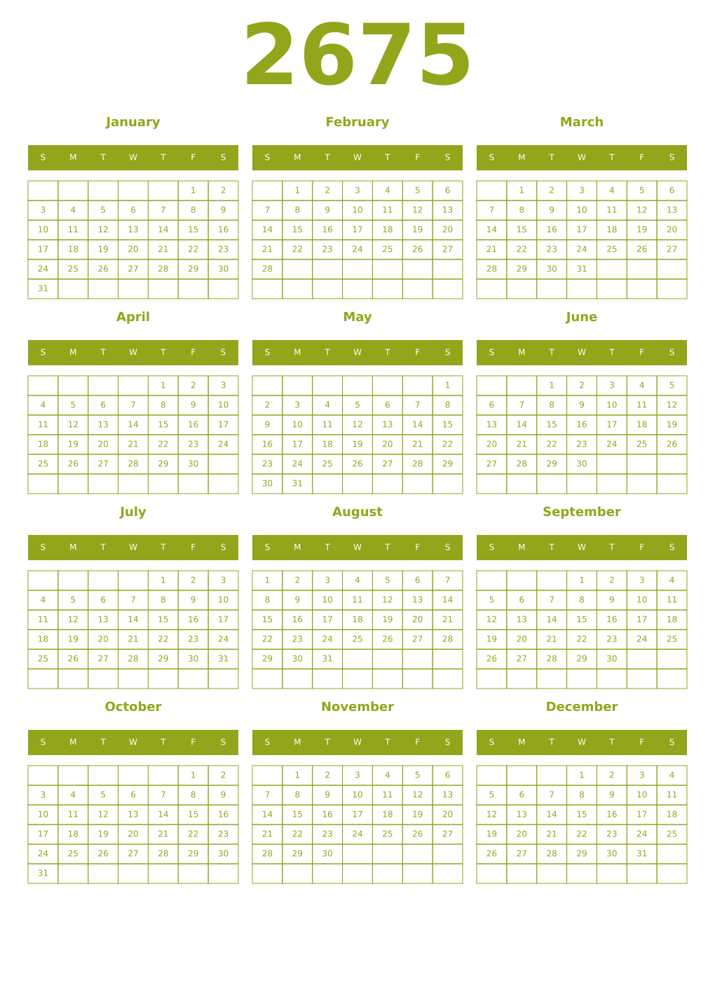 Printable 2675 Year Calendars chartreuse