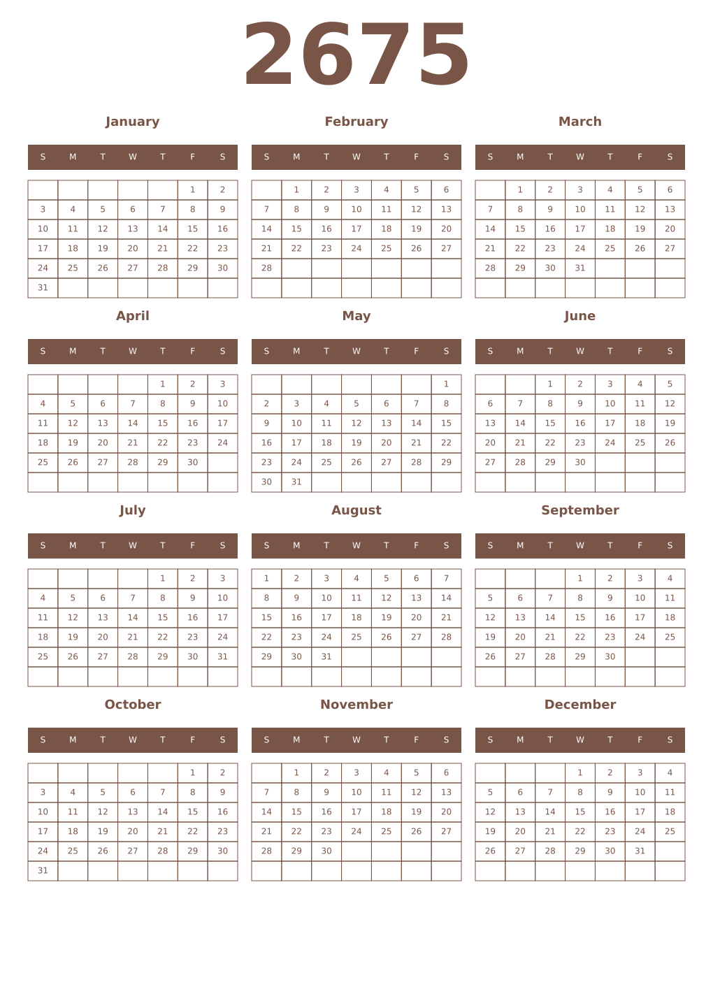 Printable 2675 Year Calendars coffe
