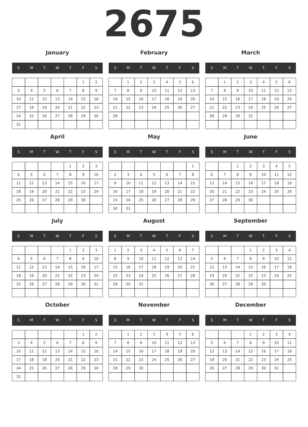 Printable 2675 Year Calendars dark