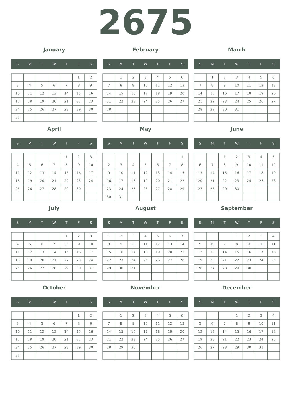 Printable 2675 Year Calendars feldgrau