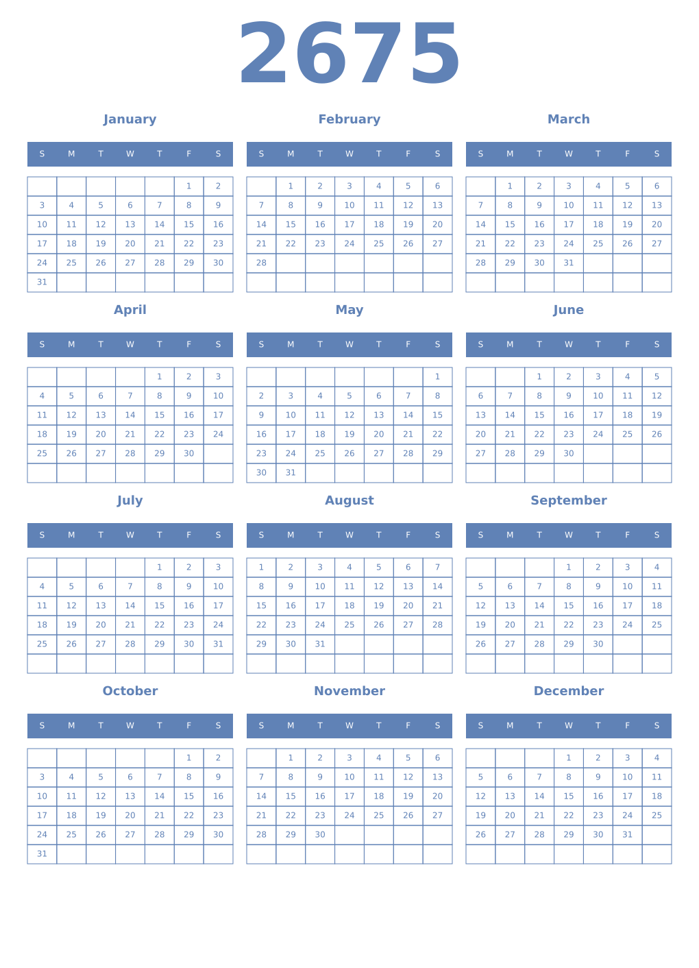 Printable 2675 Year Calendars glaucous