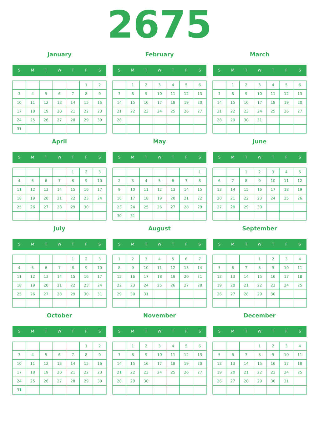 Printable 2675 Year Calendars green