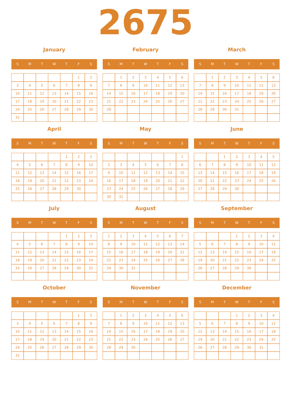 Printable 2675 Year Calendars orange
