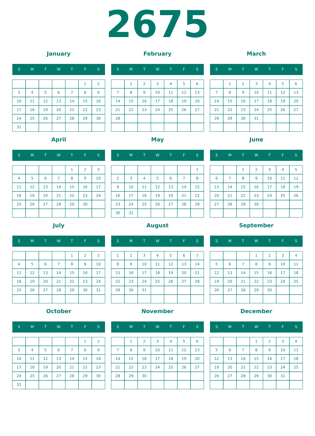 Printable 2675 Year Calendars pastel