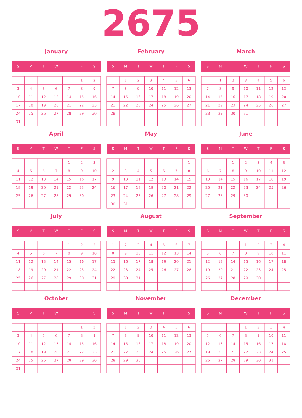 Printable 2675 Year Calendars pink