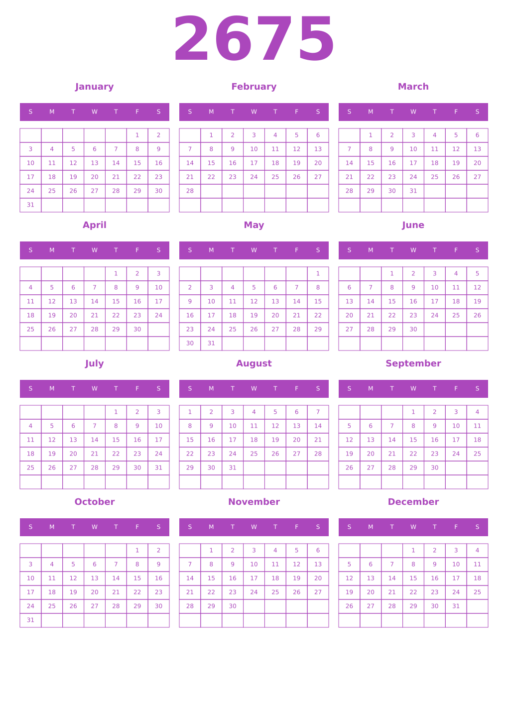 Printable 2675 Year Calendars purple
