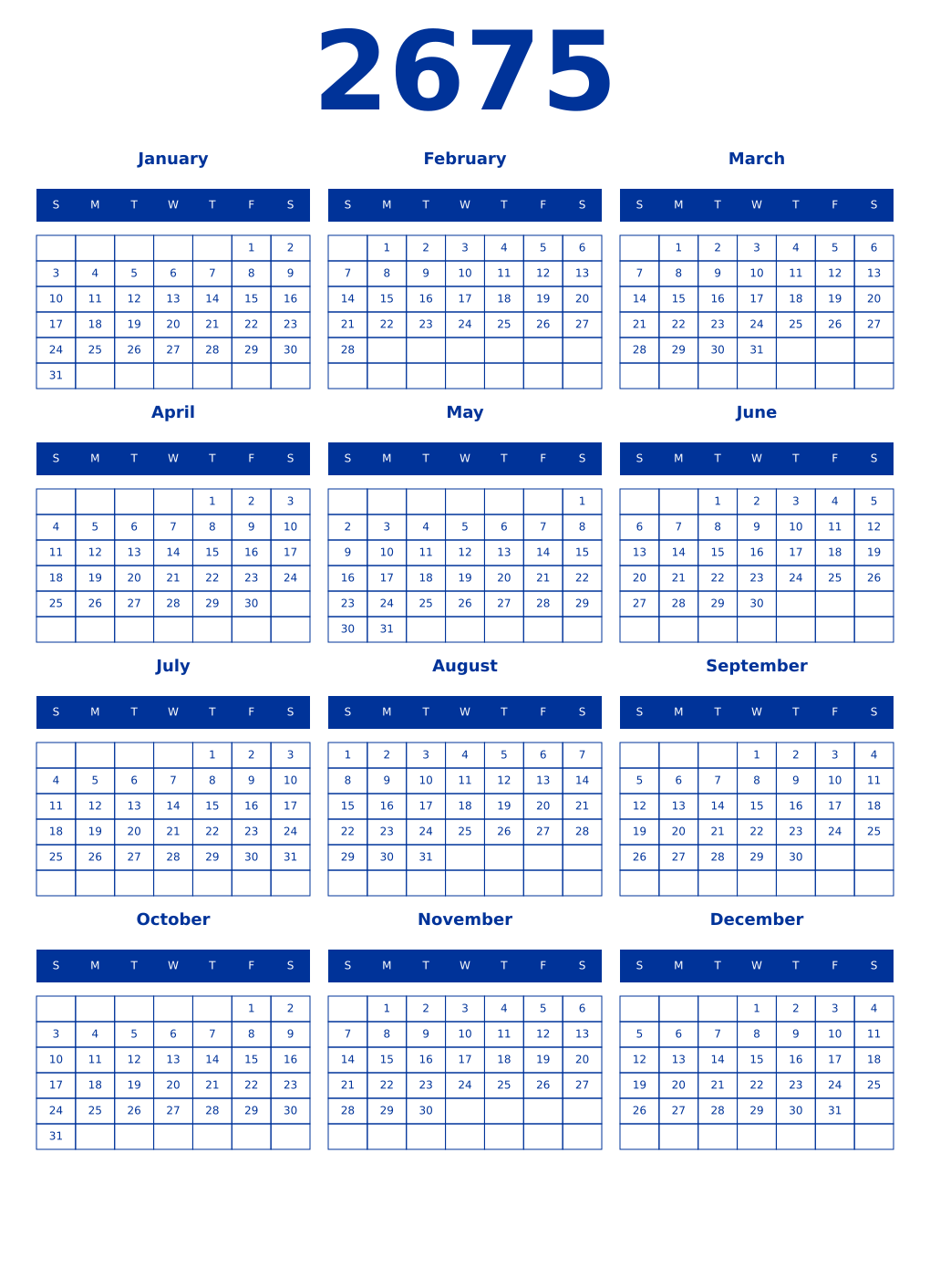 Printable 2675 Year Calendars smalt