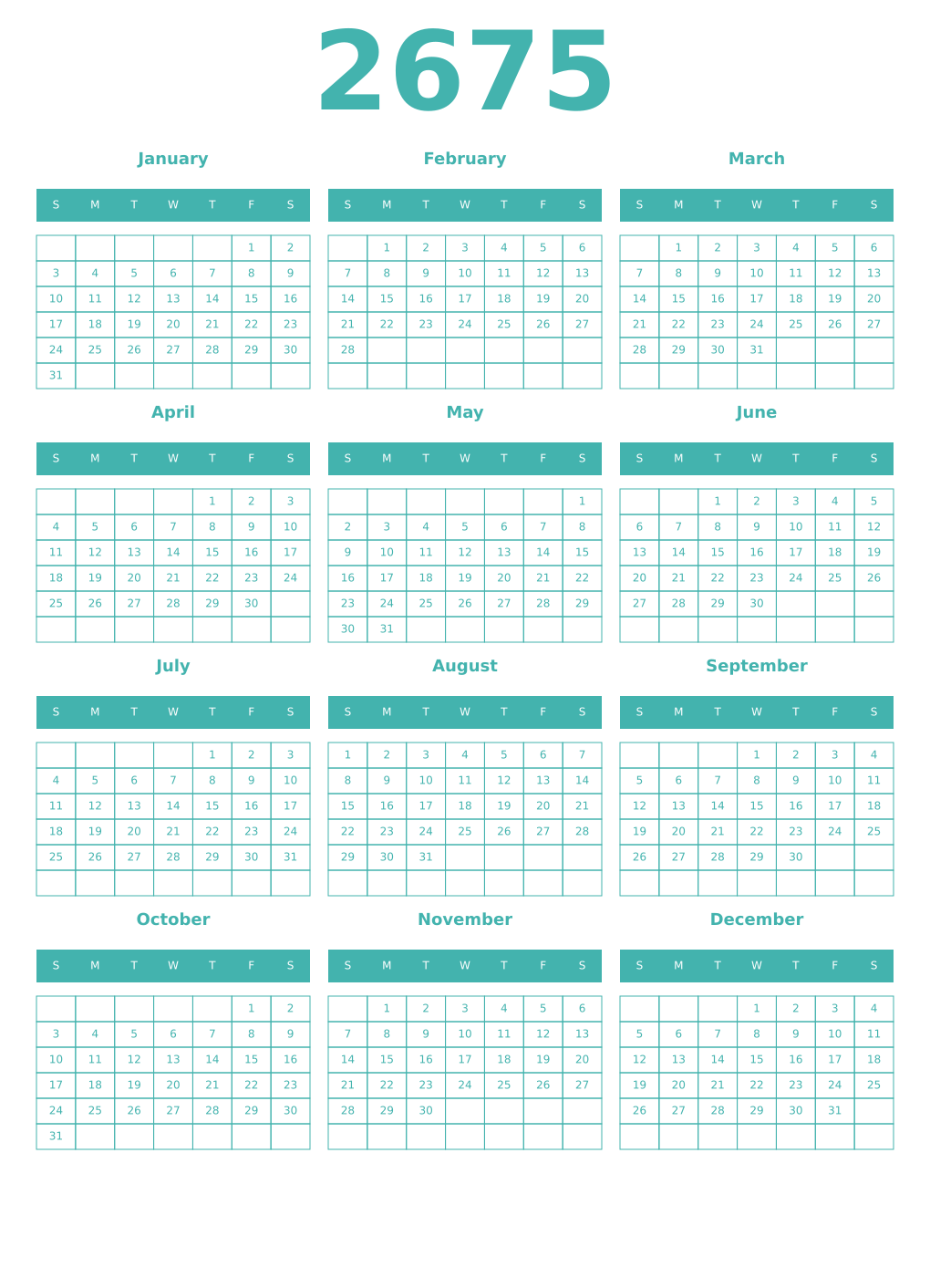Printable 2675 Year Calendars verdigris