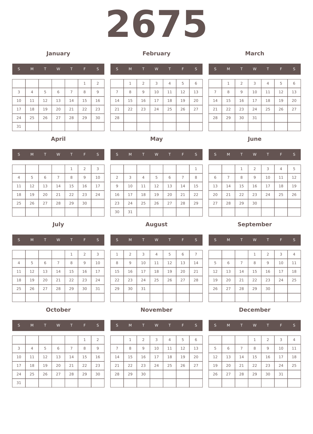 Printable 2675 Year Calendars wenge