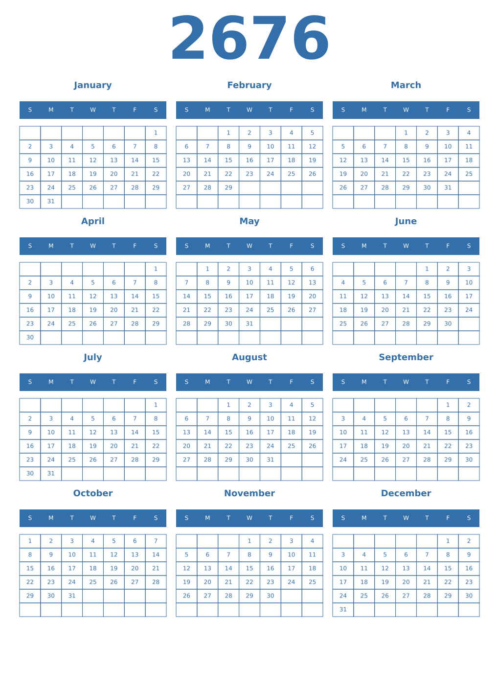 Printable 2676 Year Calendars blue