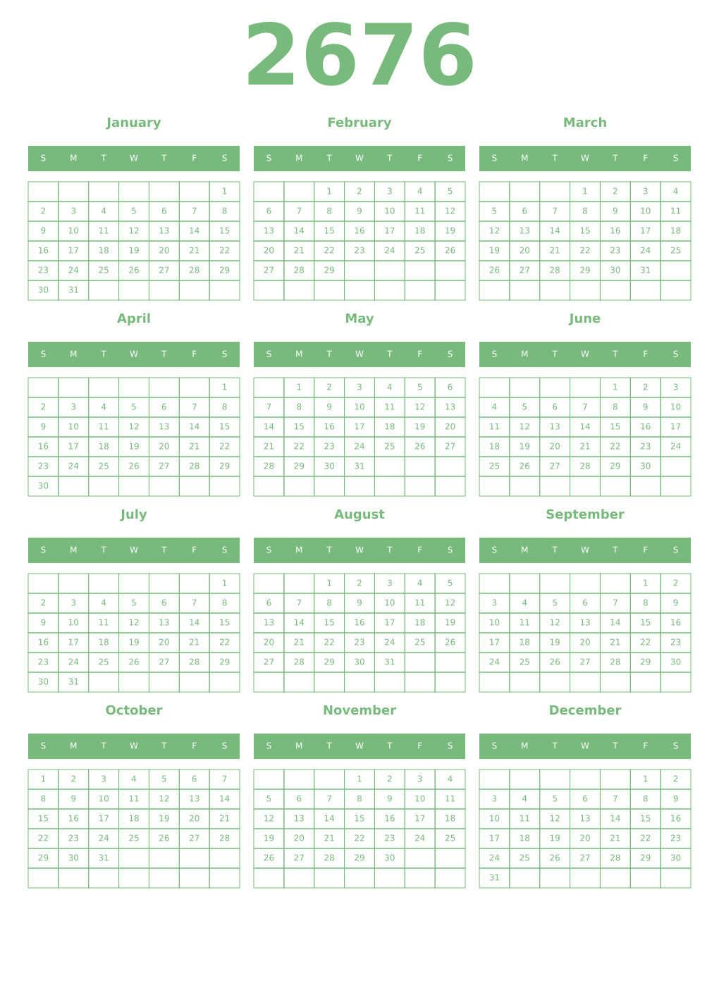 Printable 2676 Year Calendars celadon