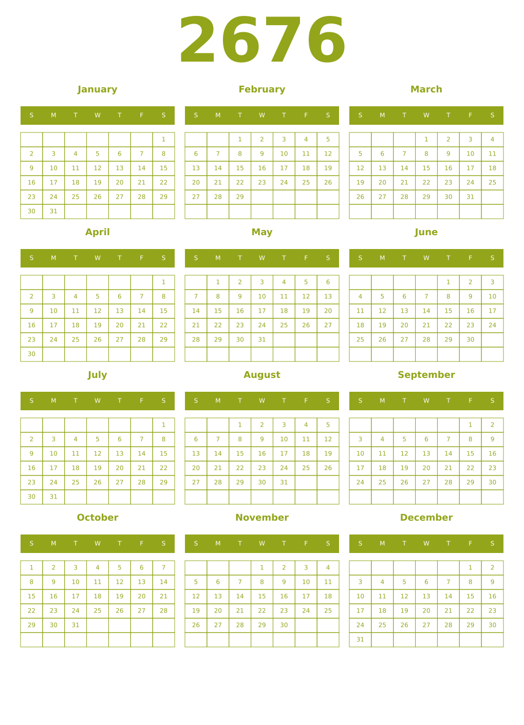 Printable 2676 Year Calendars chartreuse