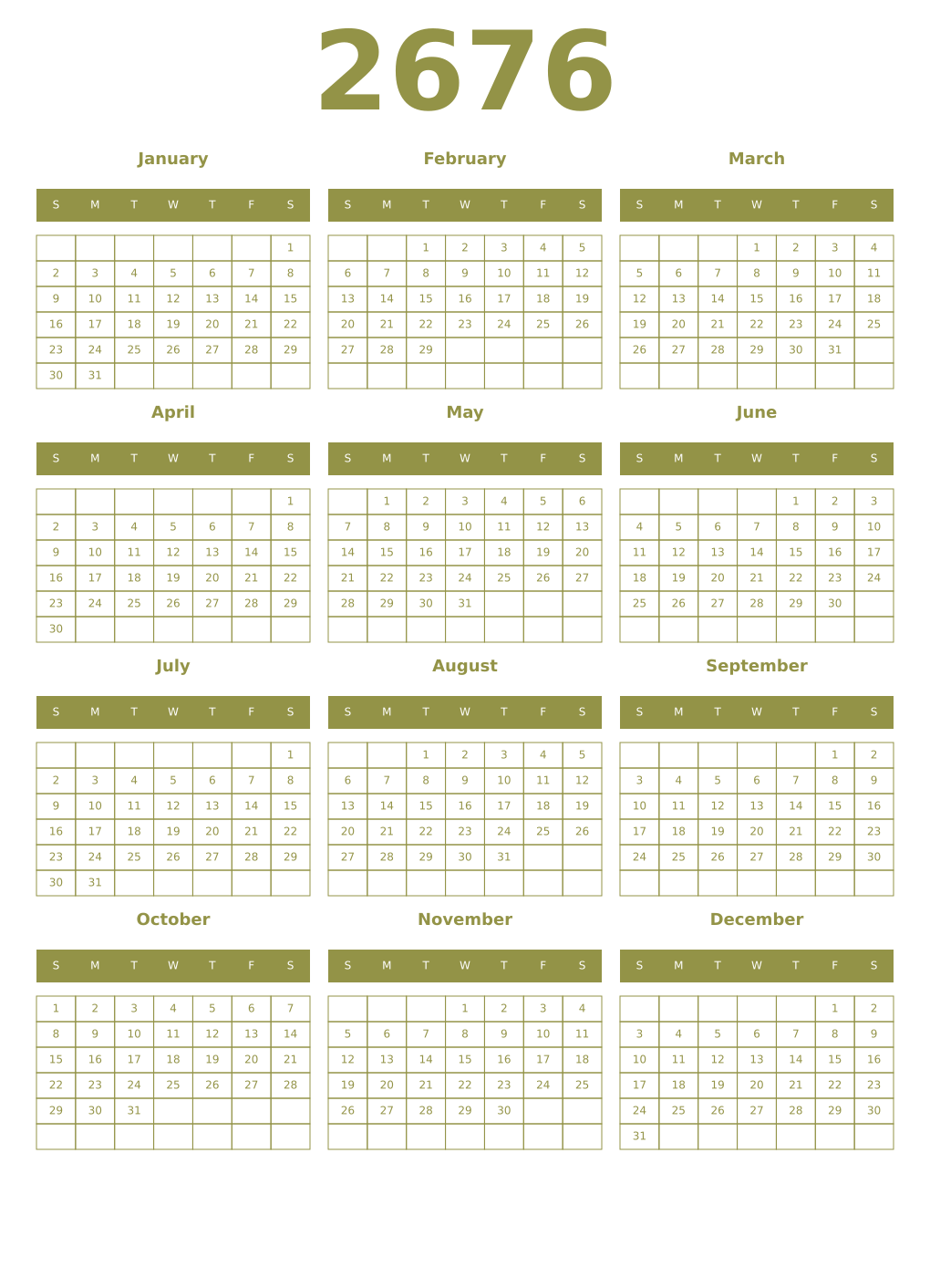 Printable 2676 Year Calendars eburnean
