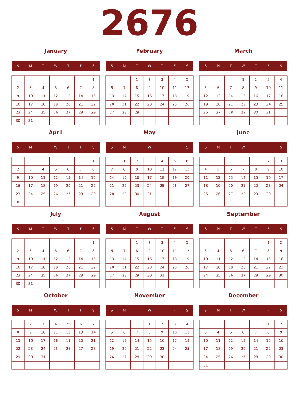 Printable 2676 Year Calendars falu