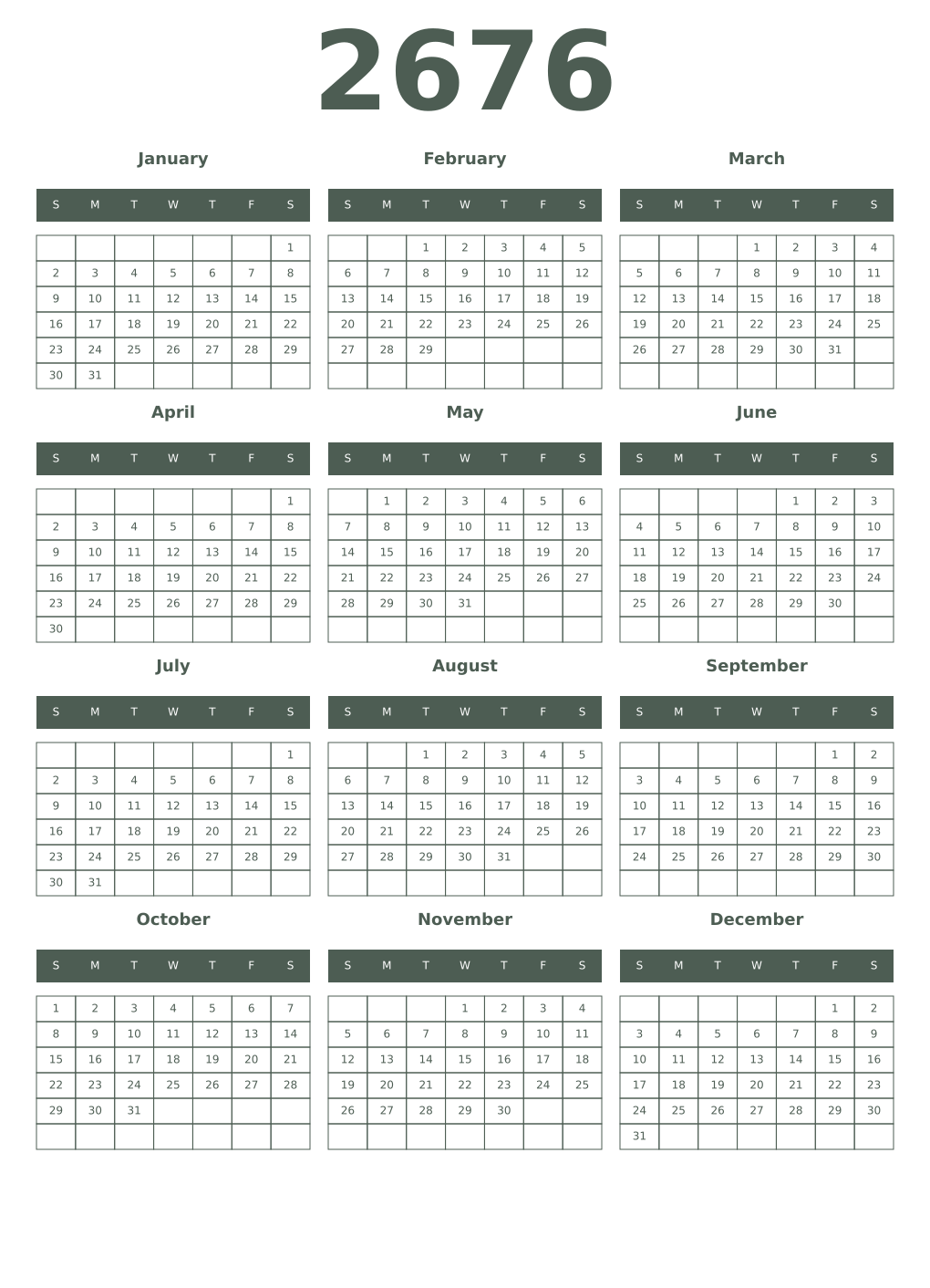 Printable 2676 Year Calendars feldgrau