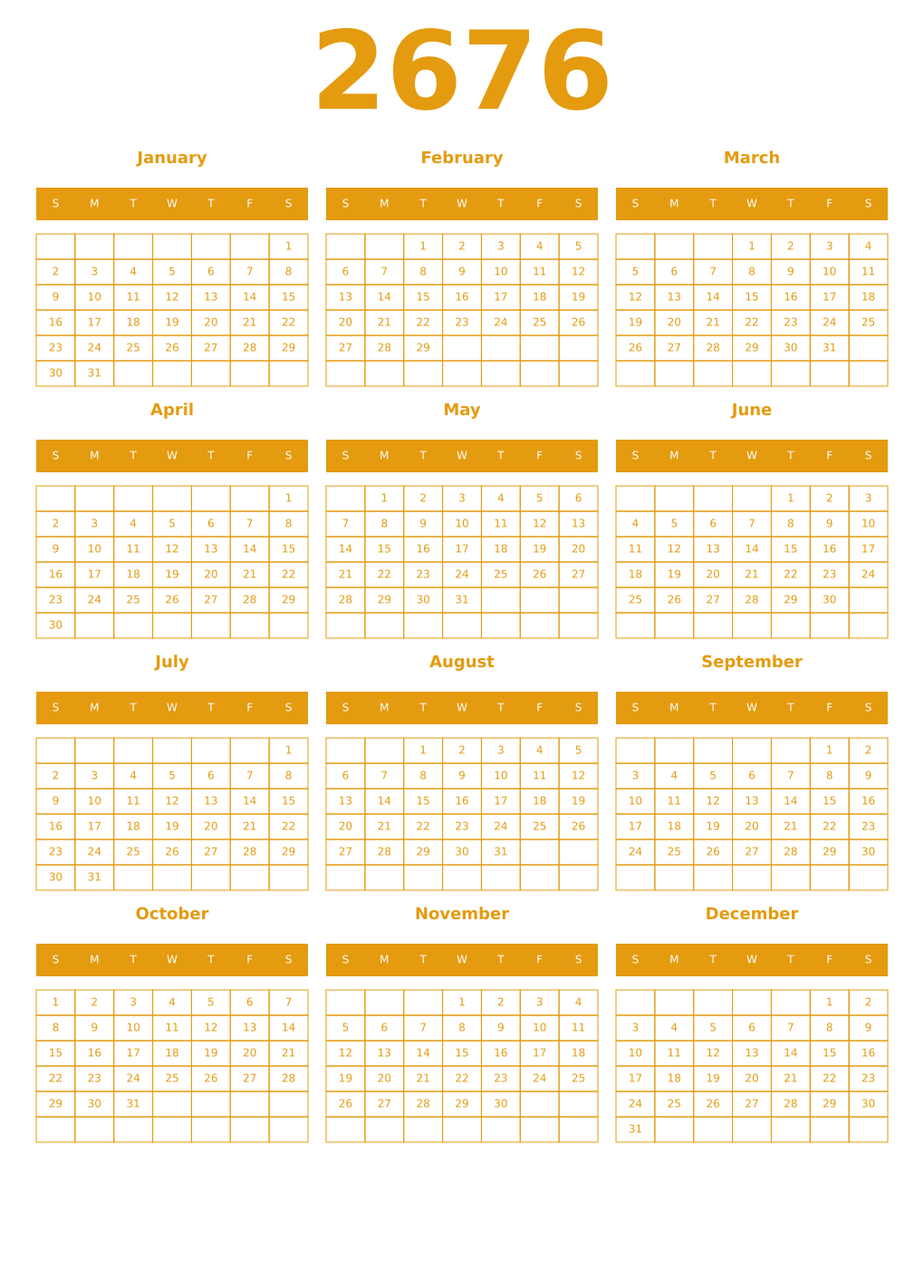 Printable 2676 Year Calendars gamboge