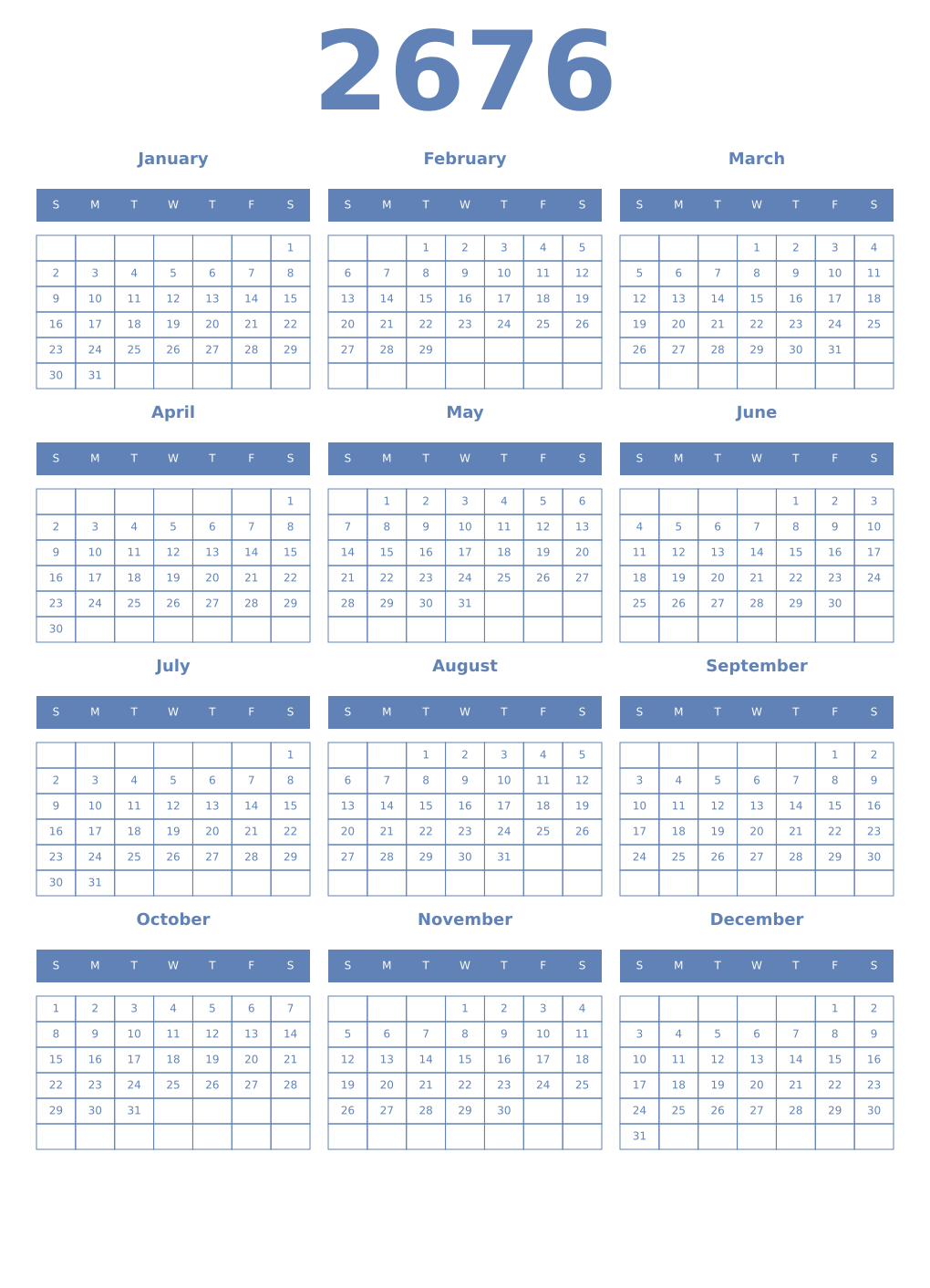 Printable 2676 Year Calendars glaucous