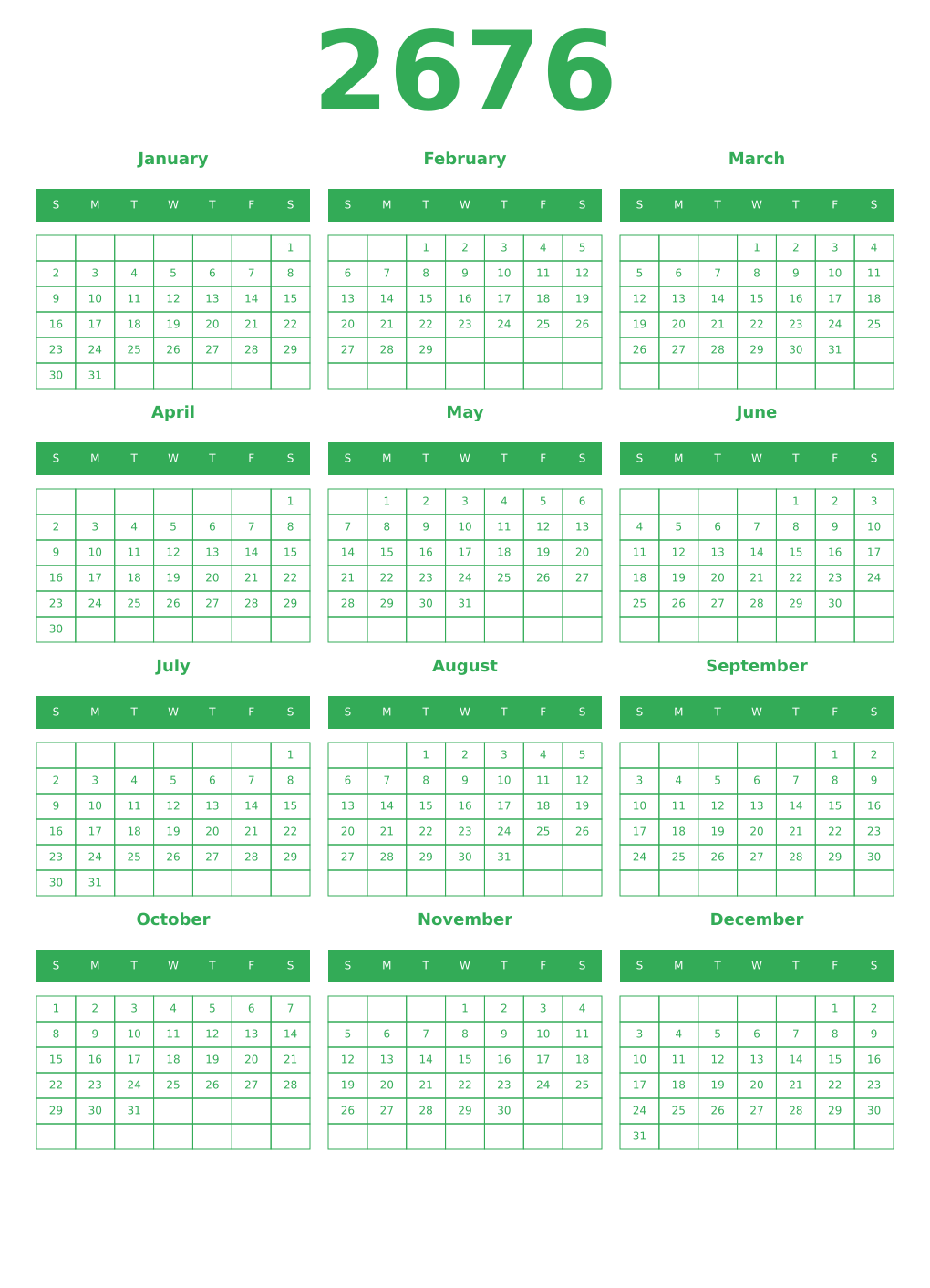Printable 2676 Year Calendars green