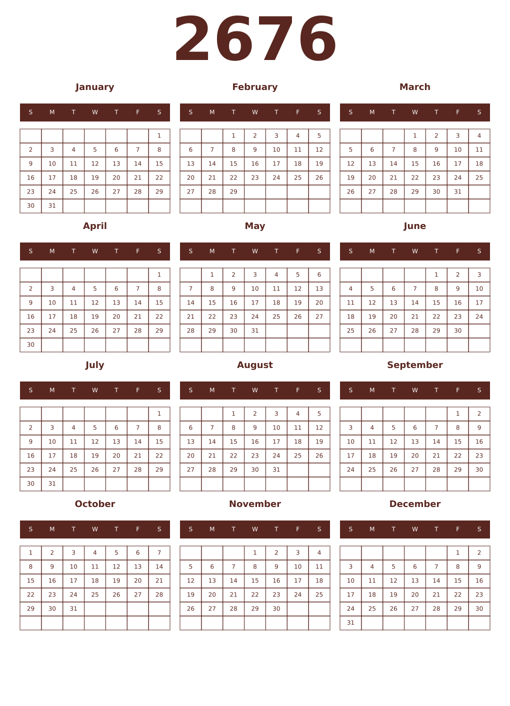 Printable 2676 Year Calendars mortuum