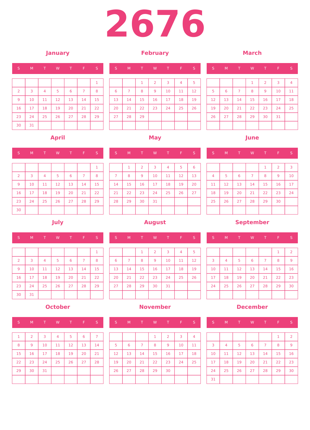 Printable 2676 Year Calendars pink