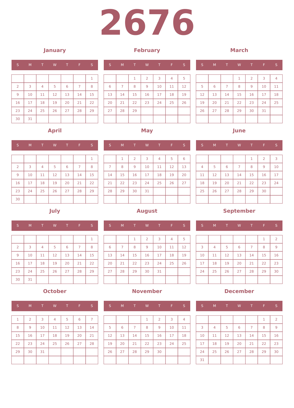 Printable 2676 Year Calendars puce