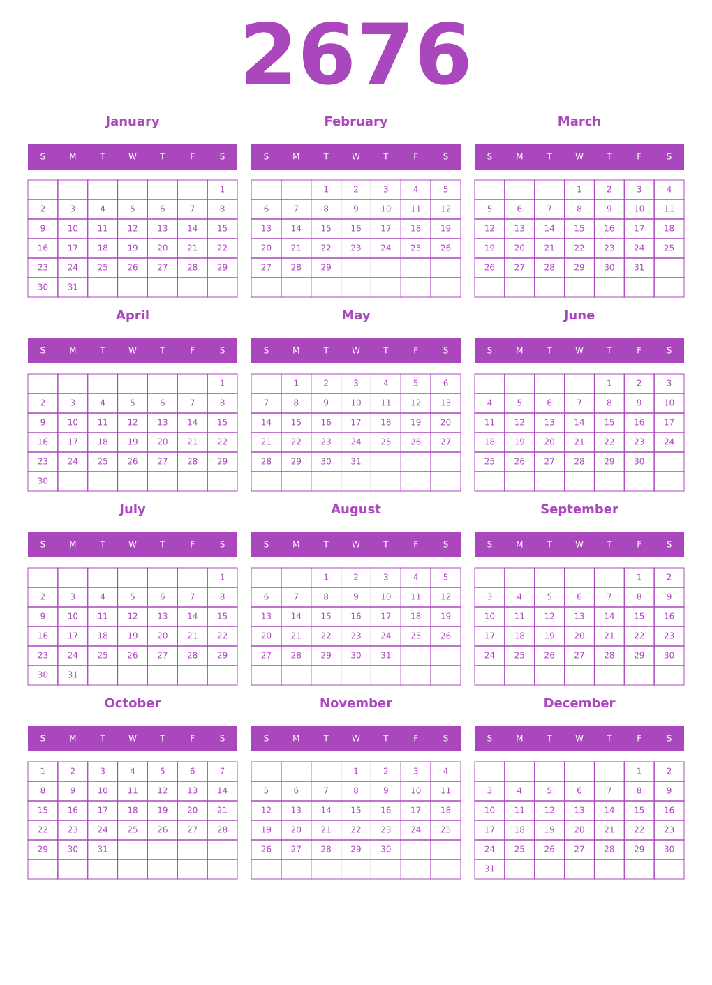 Printable 2676 Year Calendars purple
