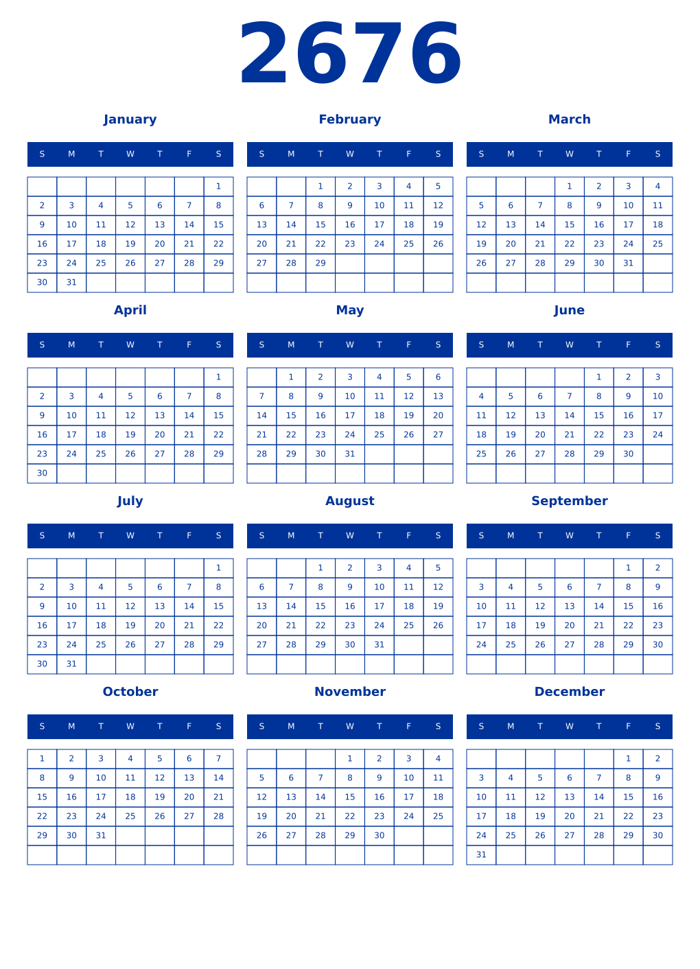 Printable 2676 Year Calendars smalt