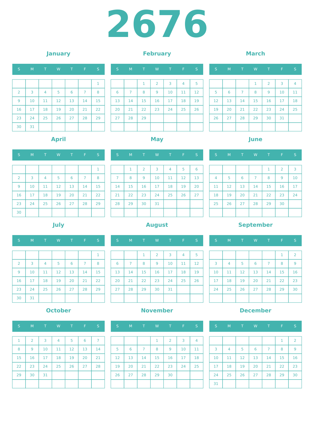 Printable 2676 Year Calendars verdigris