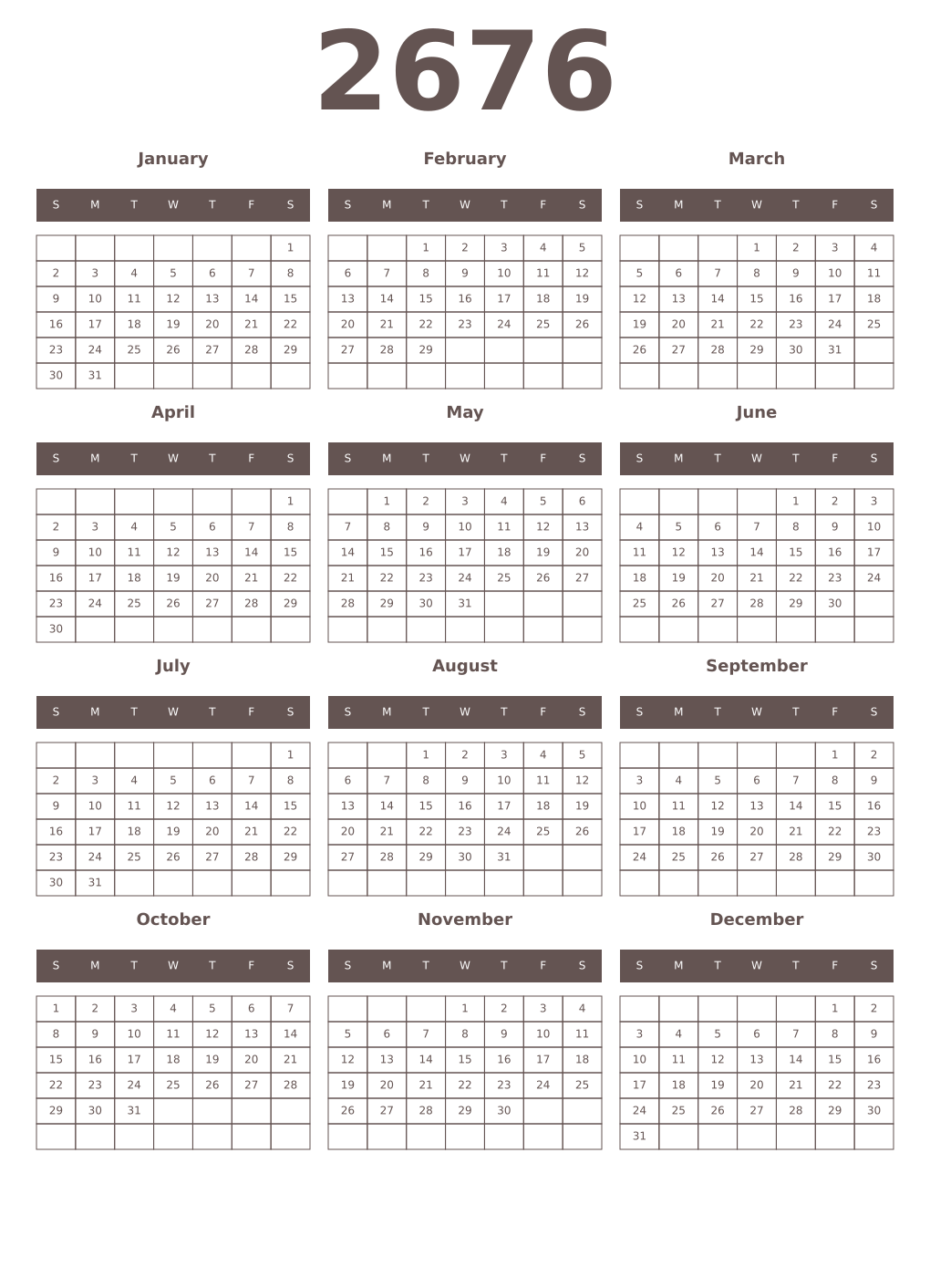 Printable 2676 Year Calendars wenge