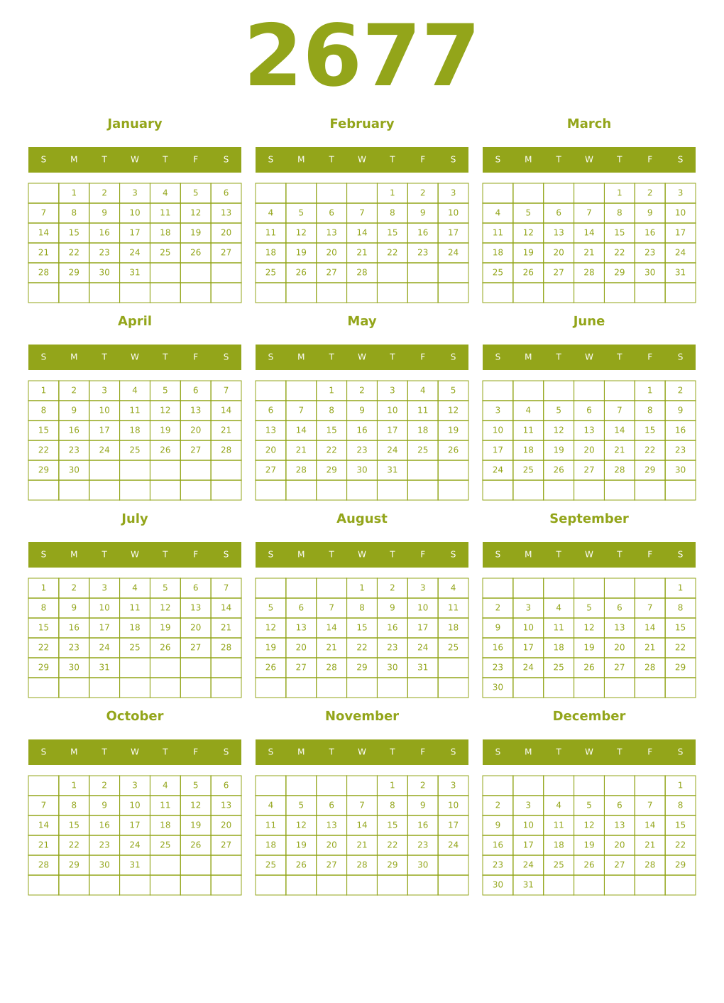 Printable 2677 Year Calendars chartreuse