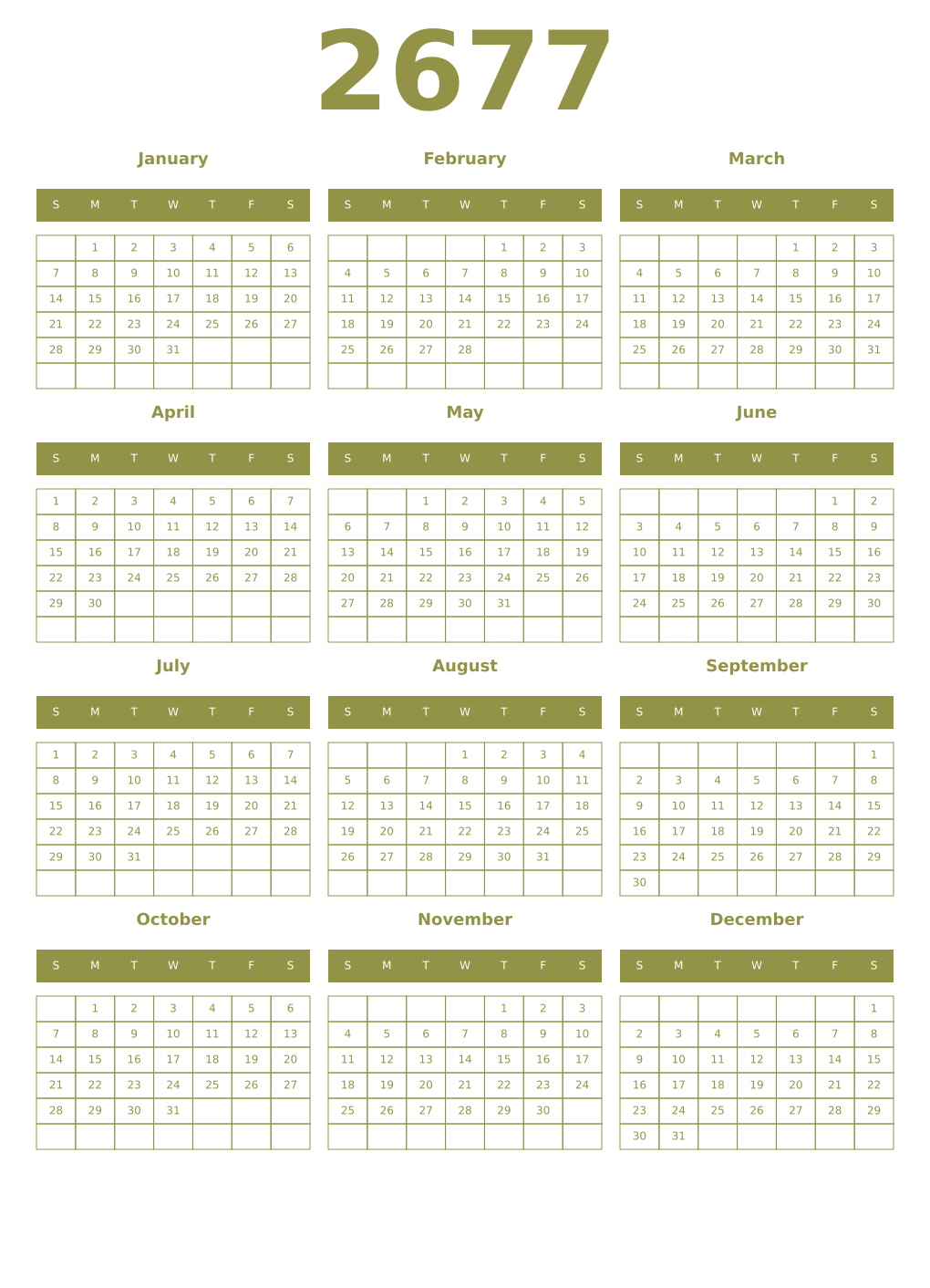 Printable 2677 Year Calendars eburnean