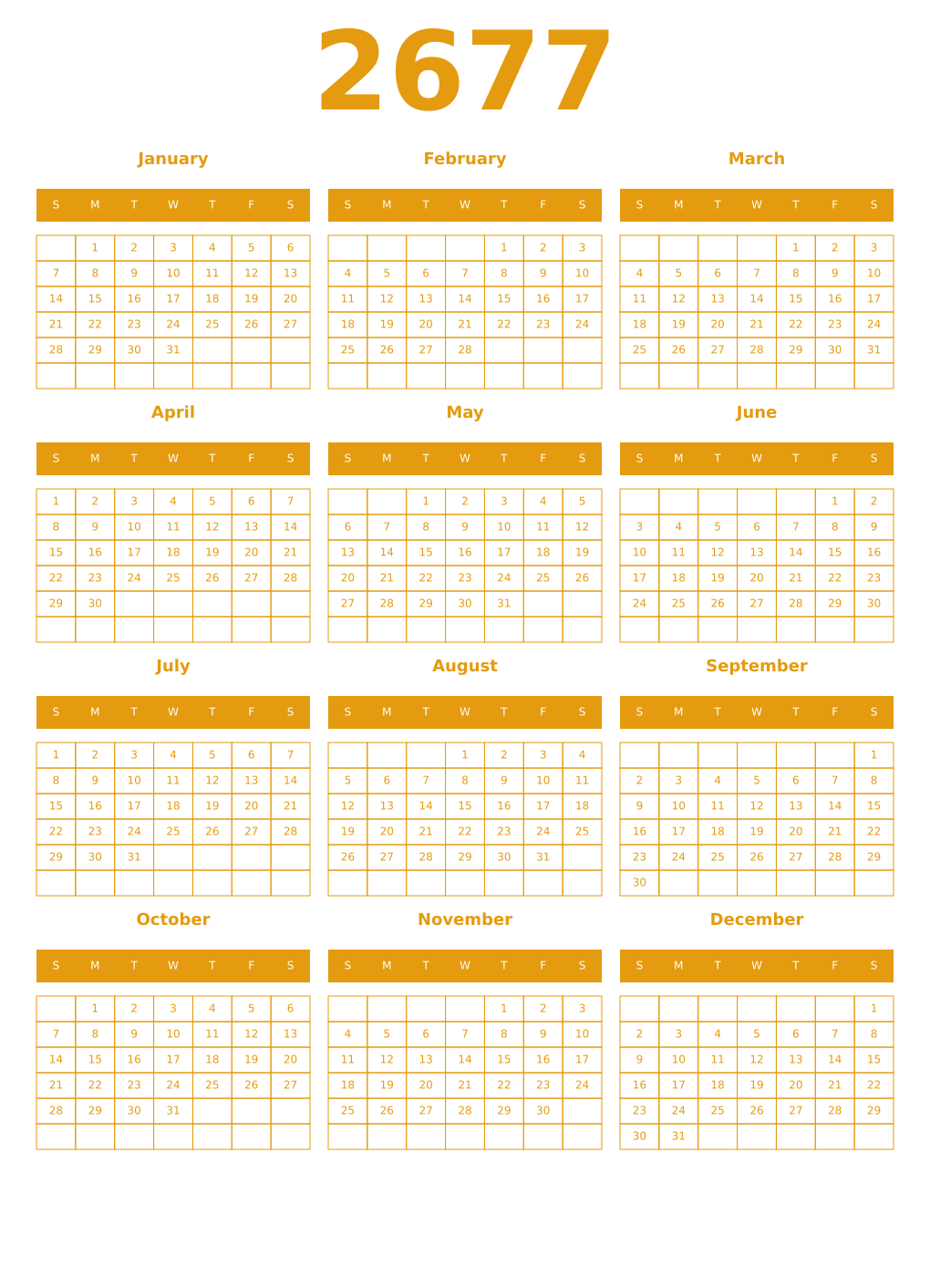 Printable 2677 Year Calendars gamboge