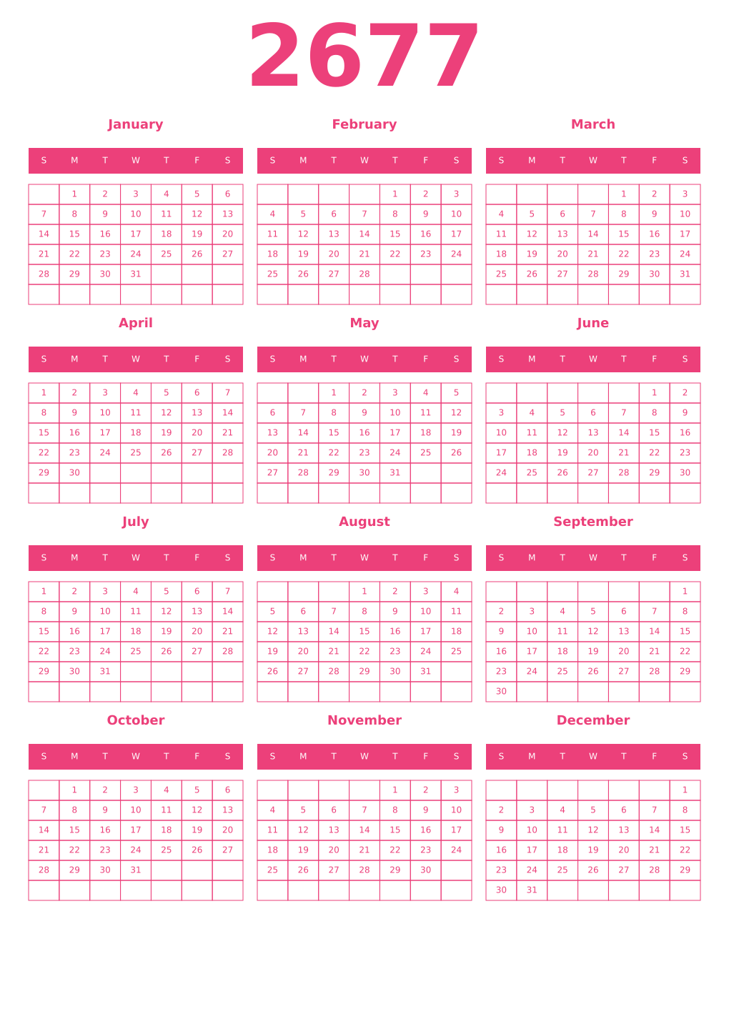 Printable 2677 Year Calendars pink