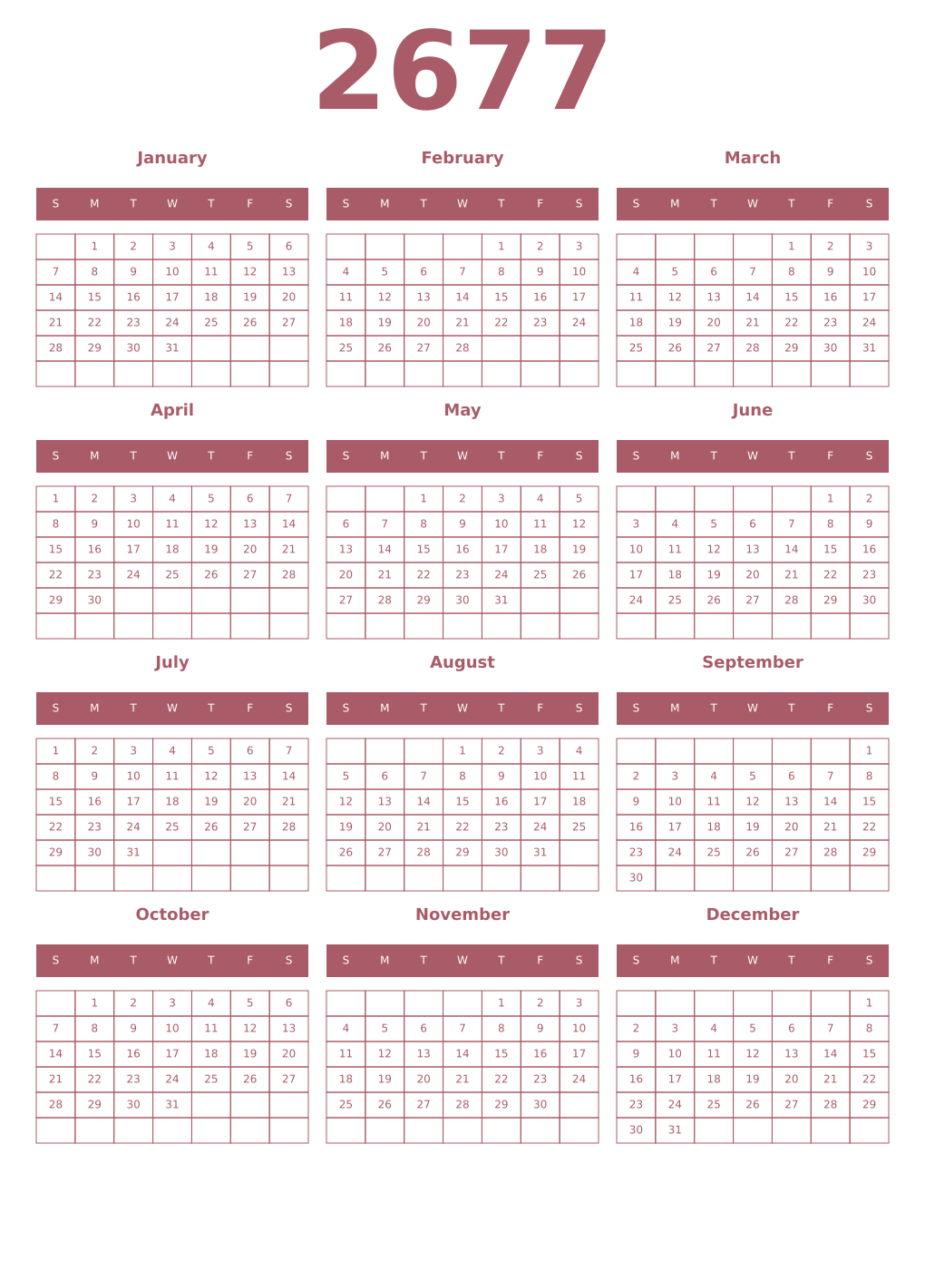 Printable 2677 Year Calendars puce