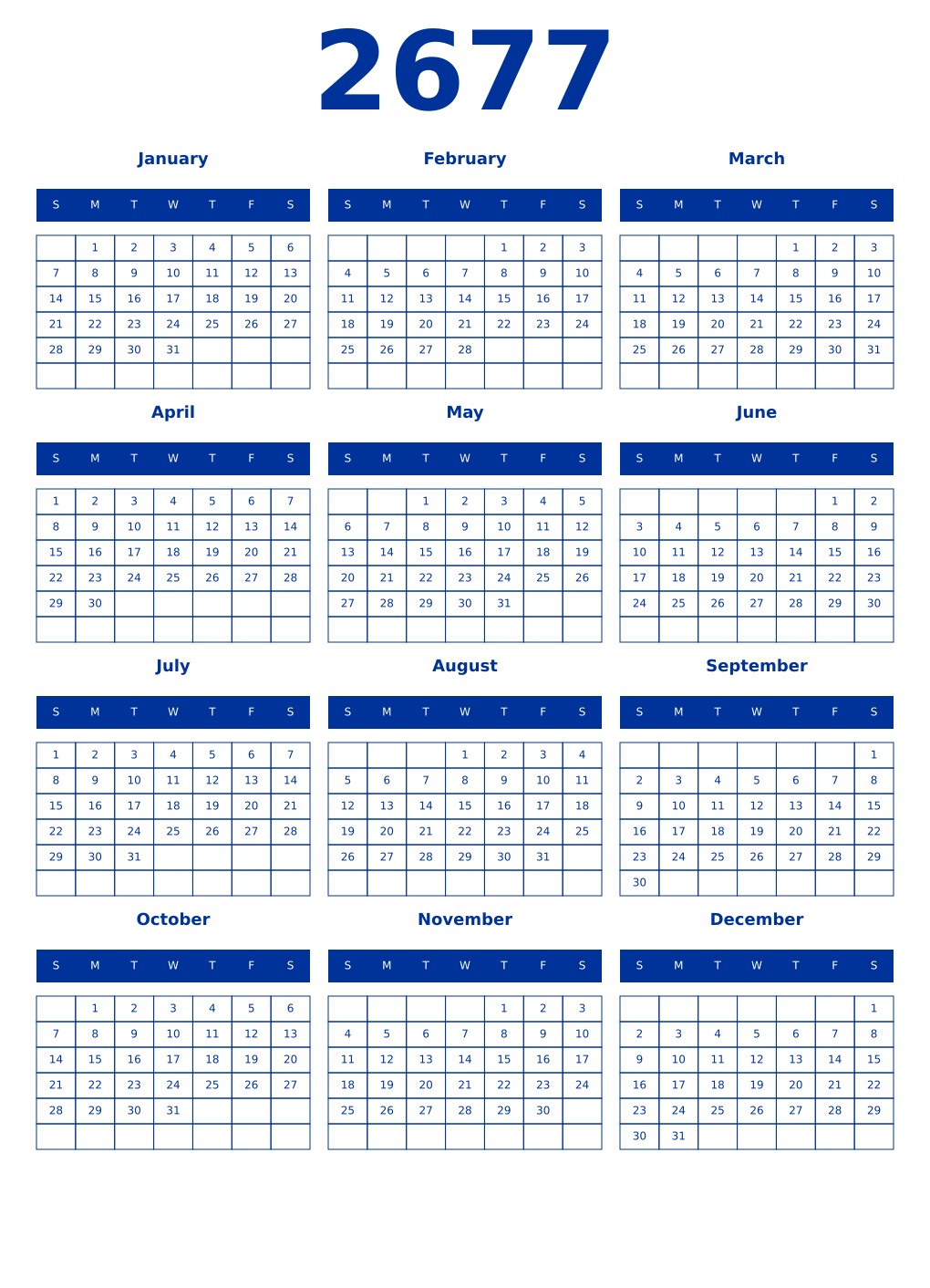 Printable 2677 Year Calendars smalt