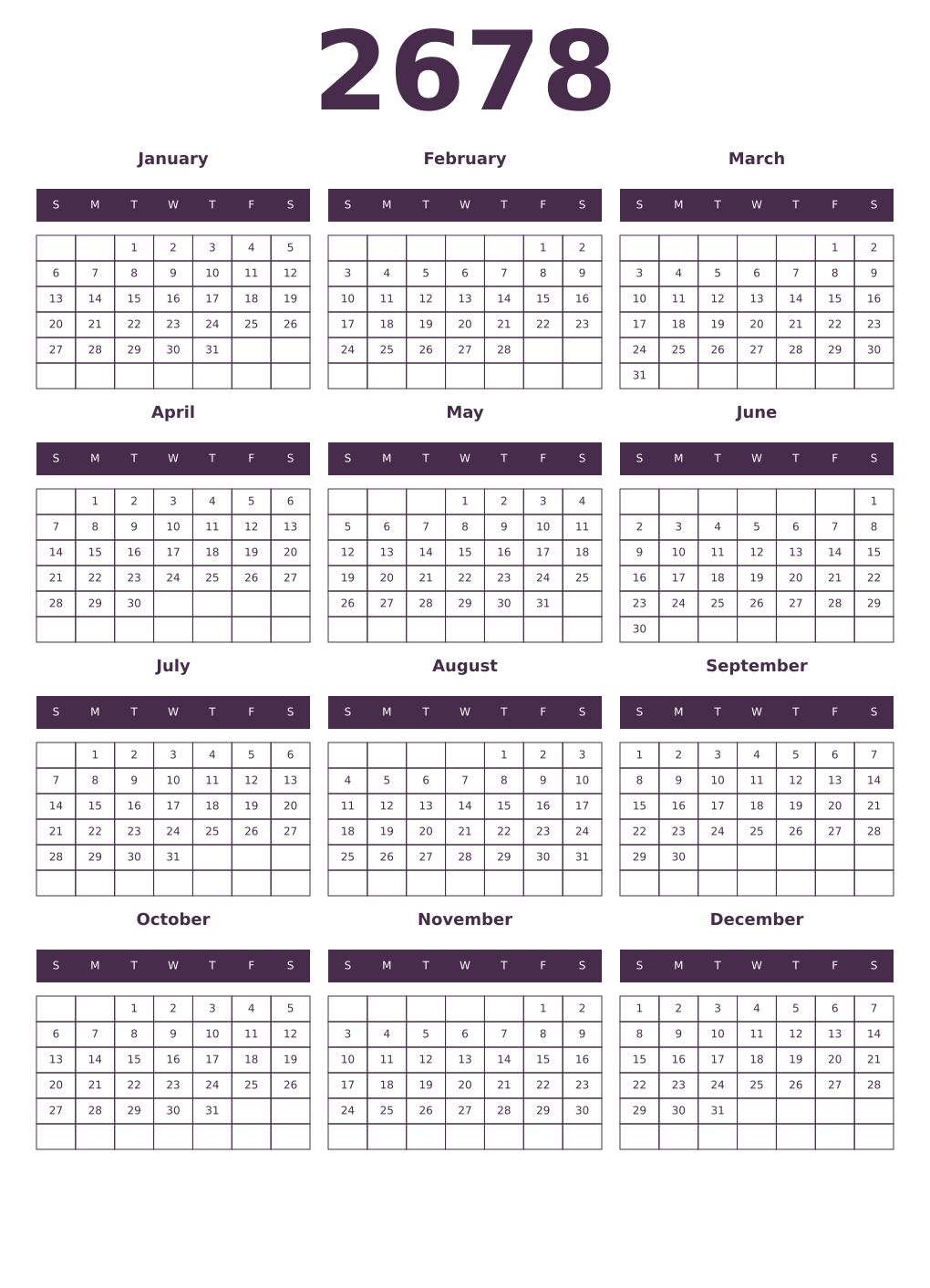 Printable 2678 Year Calendars aubergine