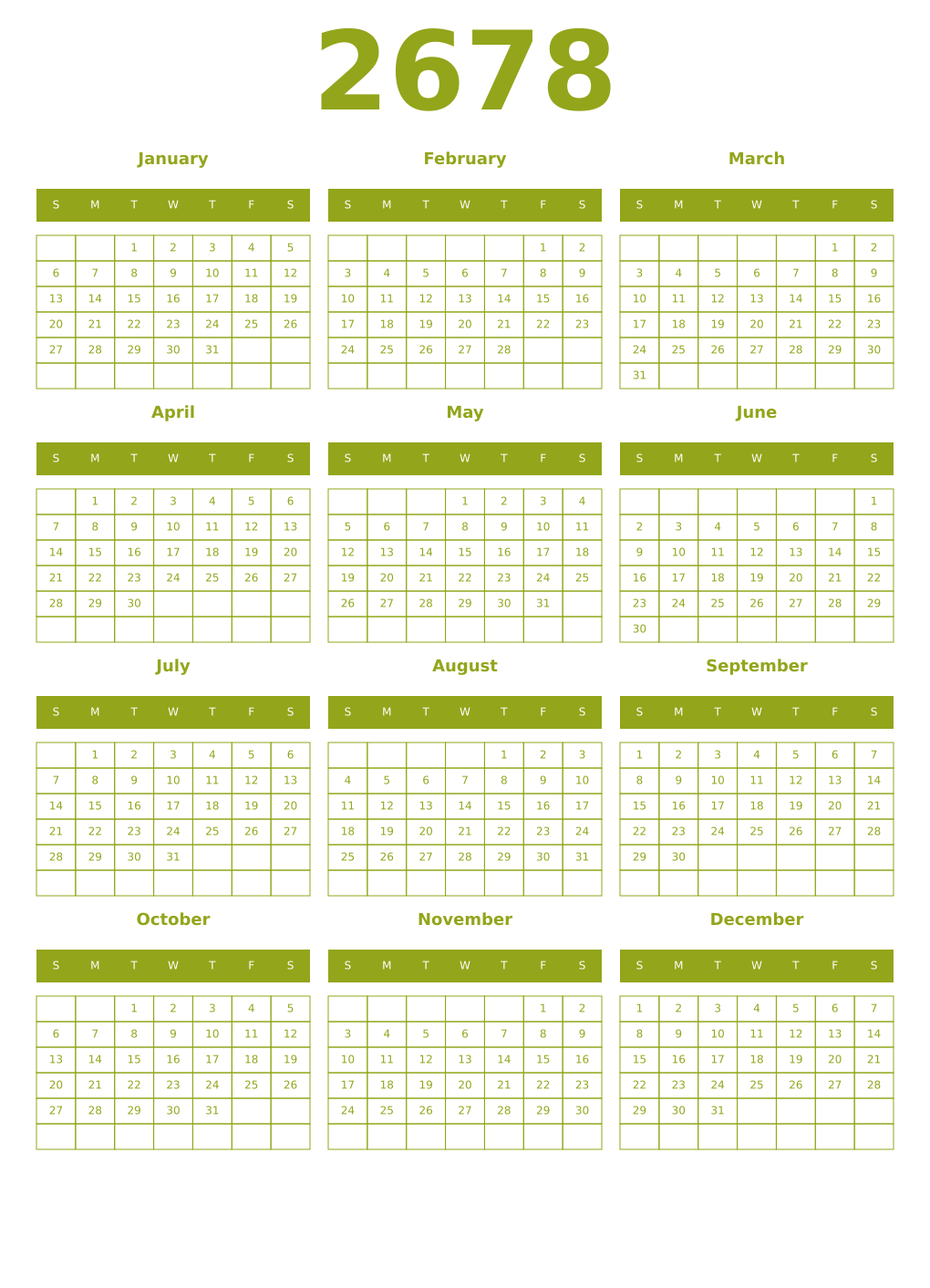 Printable 2678 Year Calendars chartreuse