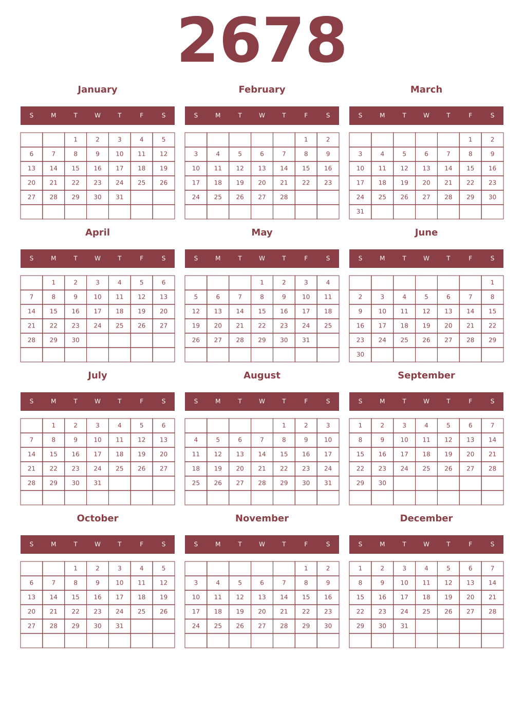 Printable 2678 Year Calendars cordovan