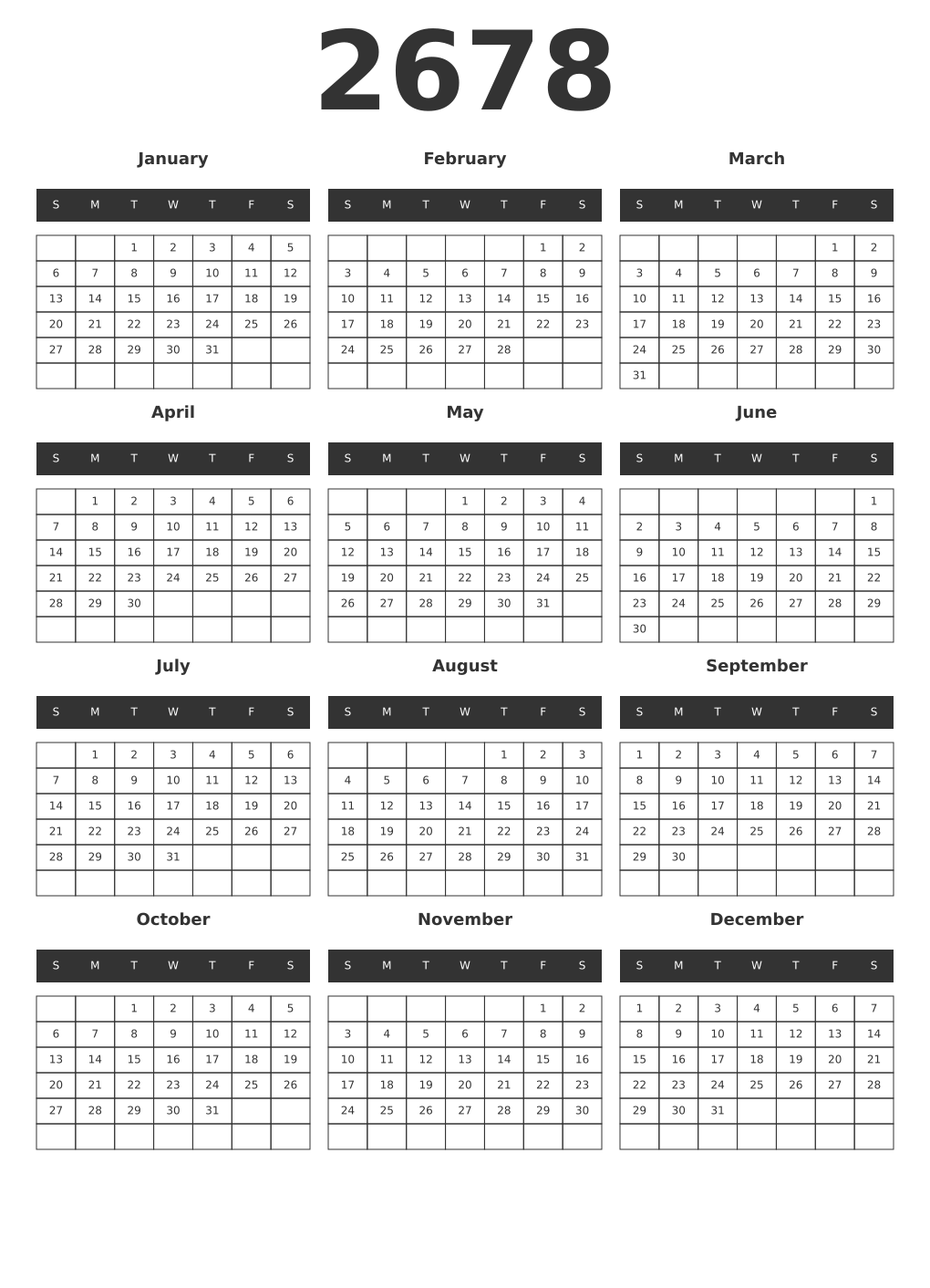 Printable 2678 Year Calendars dark