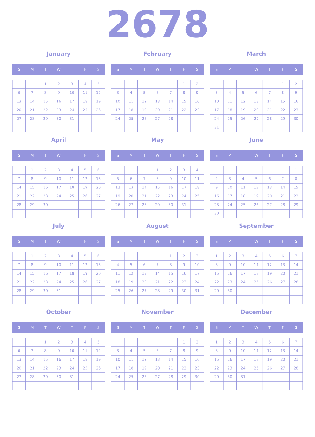 Printable 2678 Year Calendars periwinkle