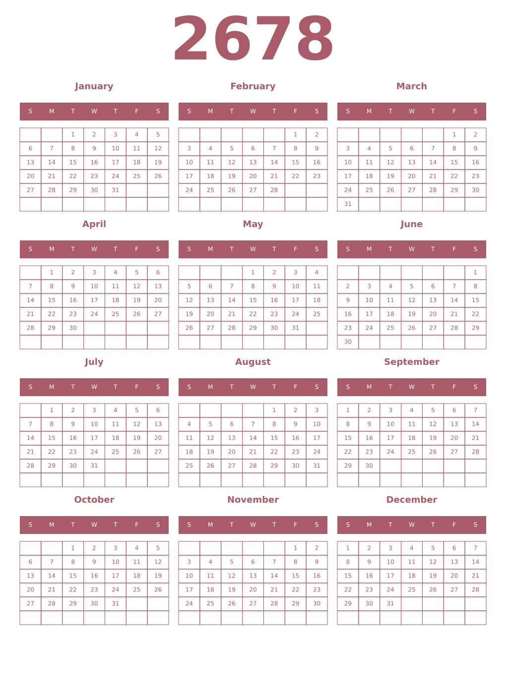 Printable 2678 Year Calendars puce