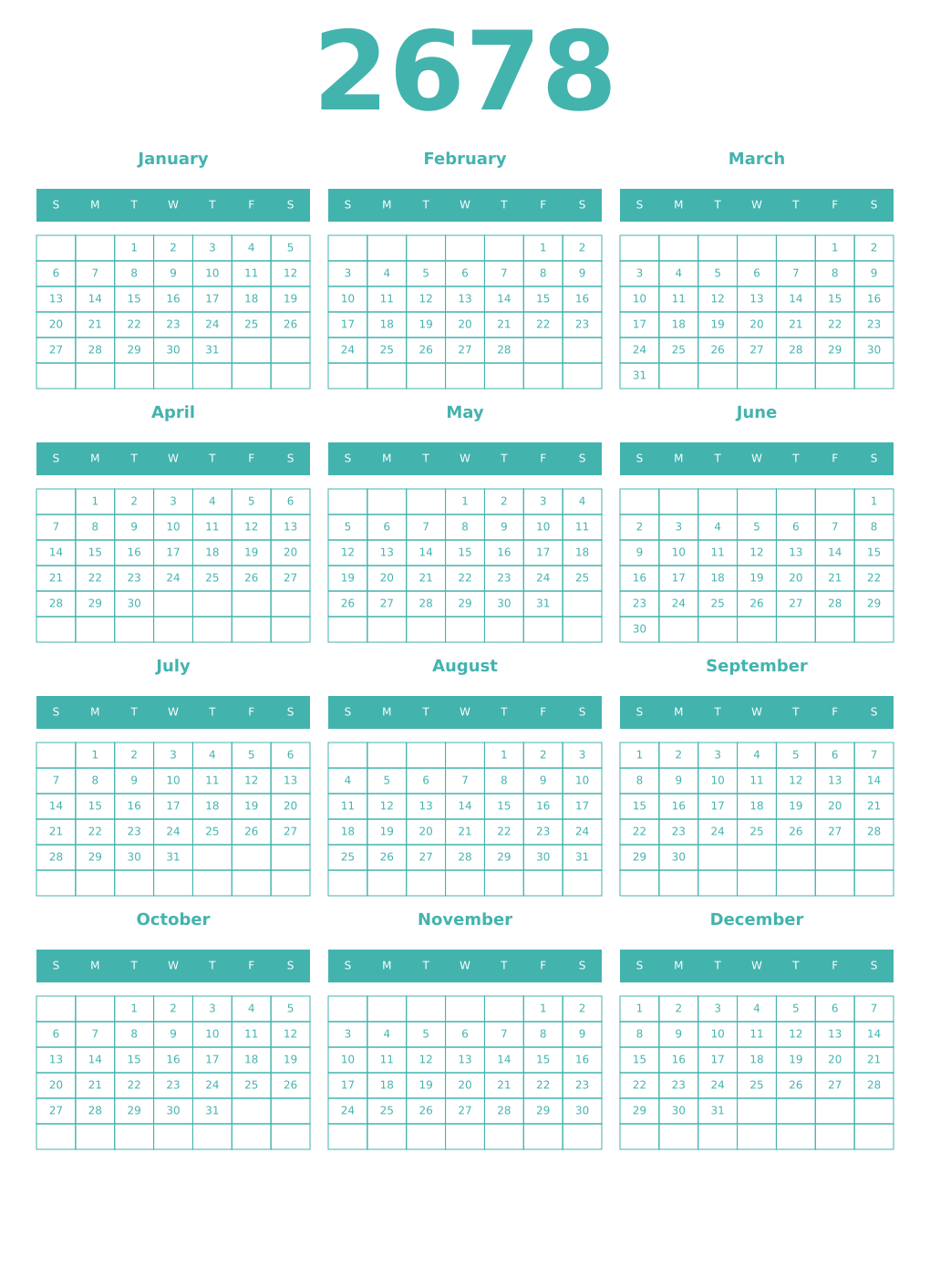 Printable 2678 Year Calendars verdigris