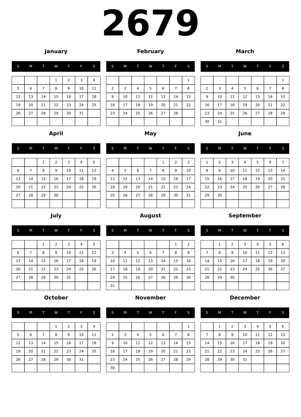 Printable 2679 Year Calendars black