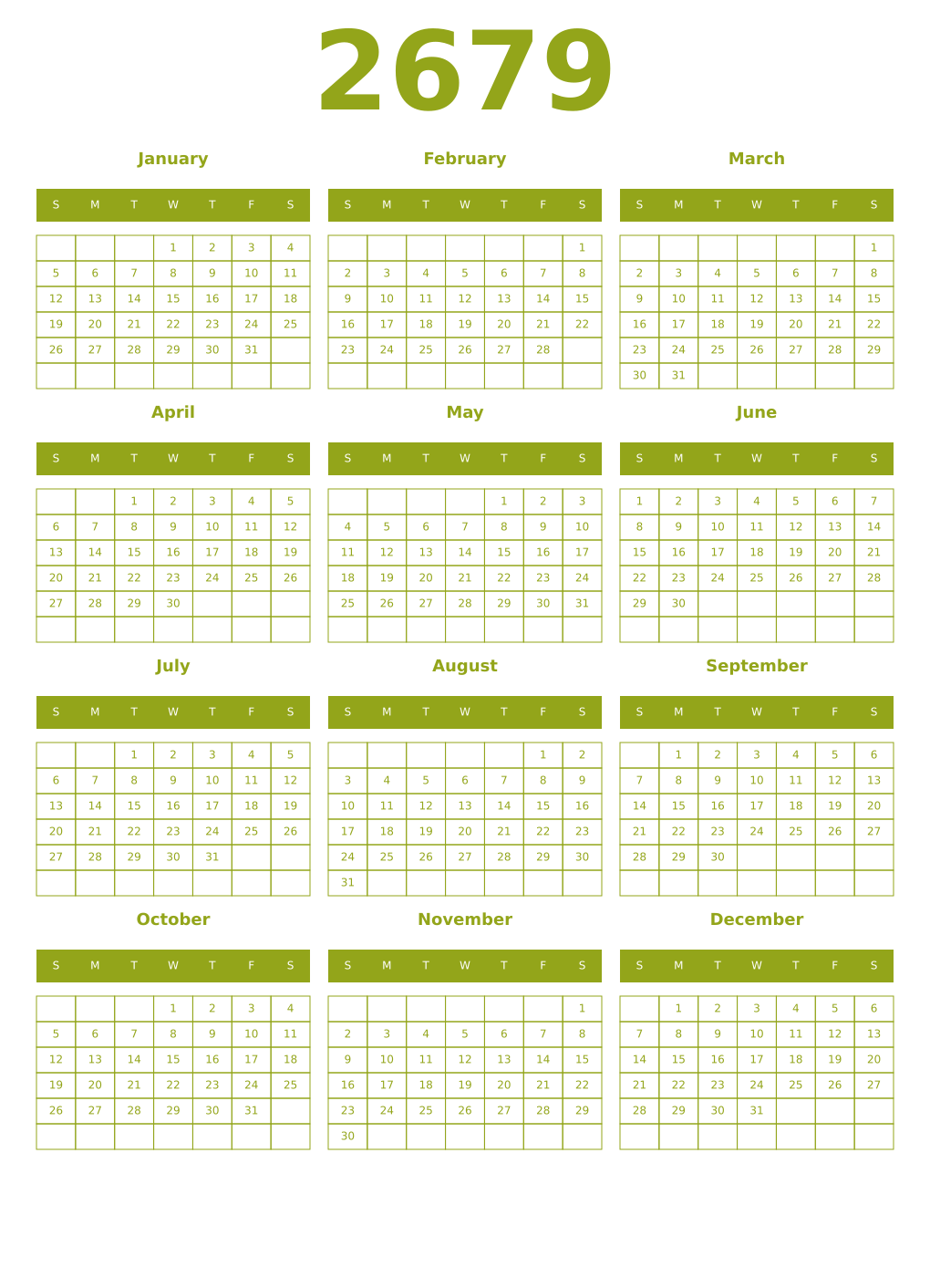 Printable 2679 Year Calendars chartreuse