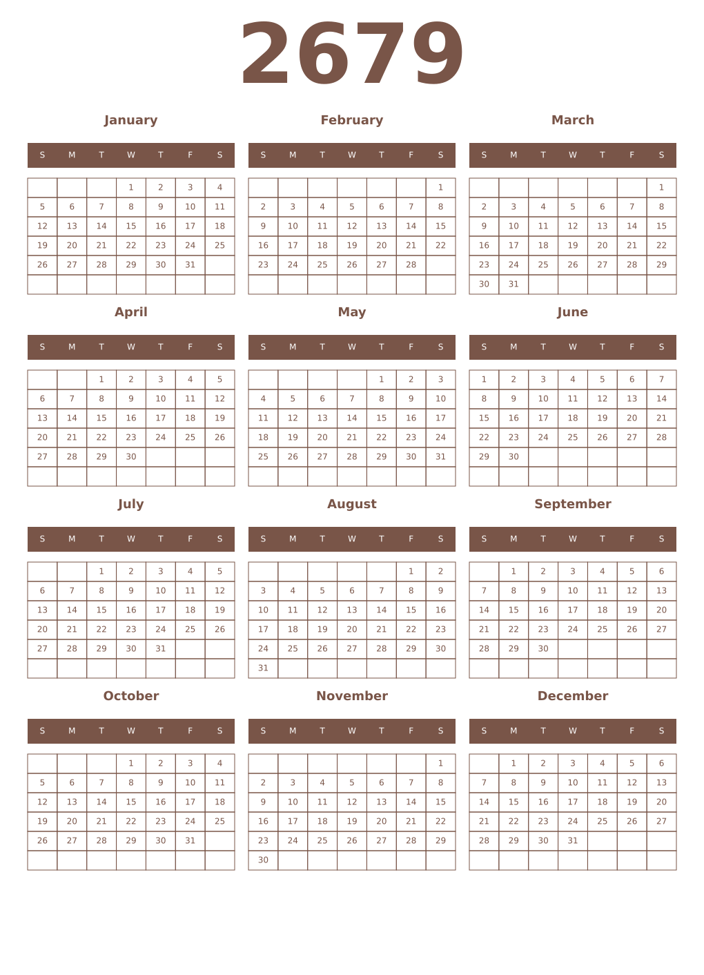 Printable 2679 Year Calendars coffe